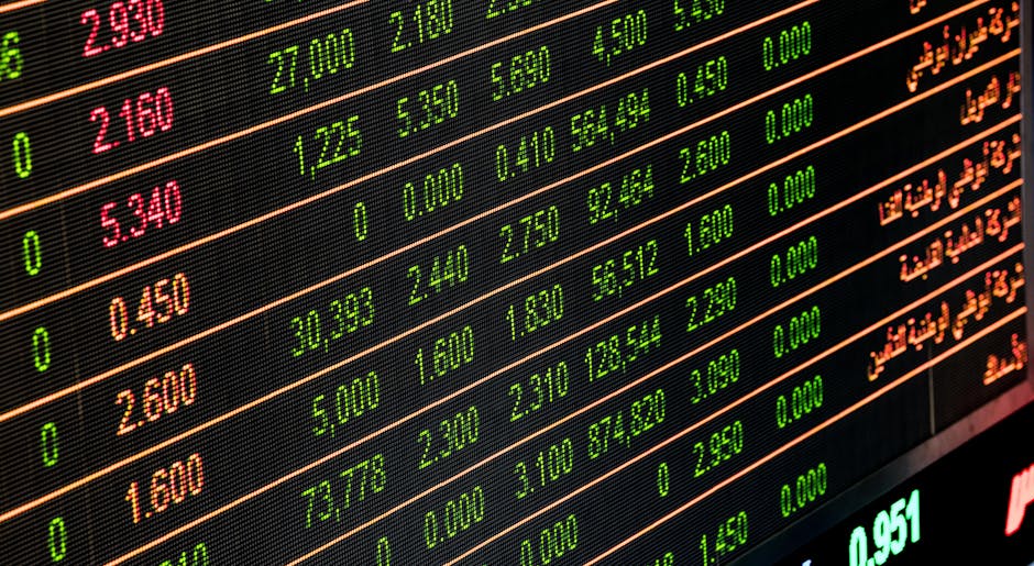 Digital stock market display showing financial data with green and red numbers